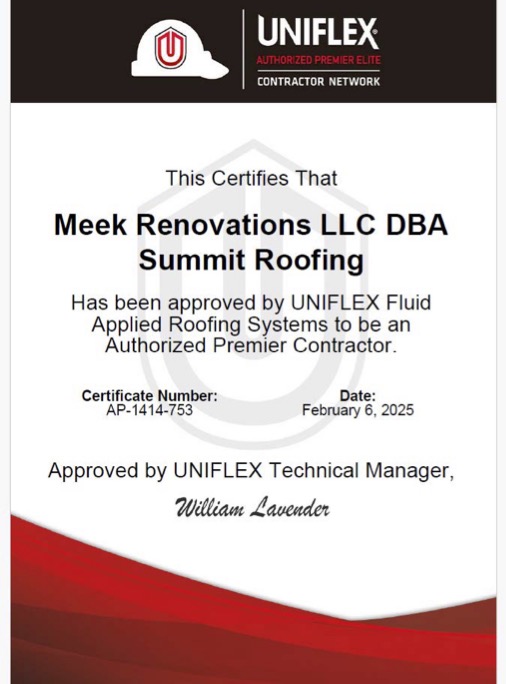 Uniflex Authorized Premier Contractor certificate awarded to Summit Roofing Professionals