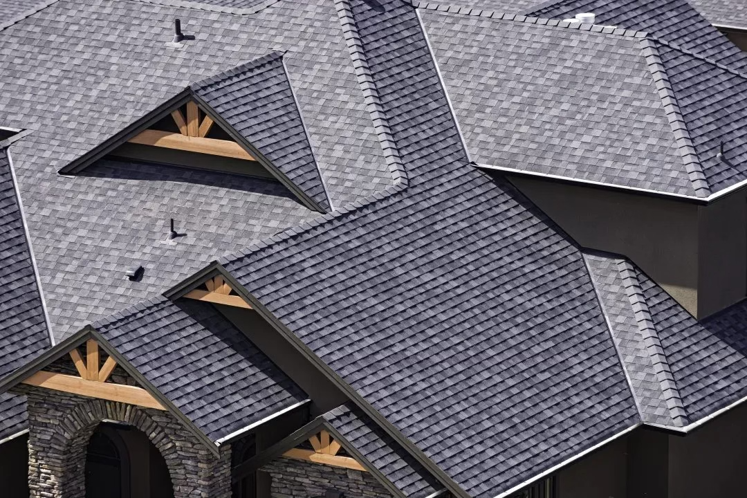 Detailed view of architectural shingles on a home with complex gables and stone accents.