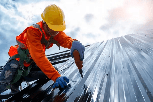 Professional roofing team at work